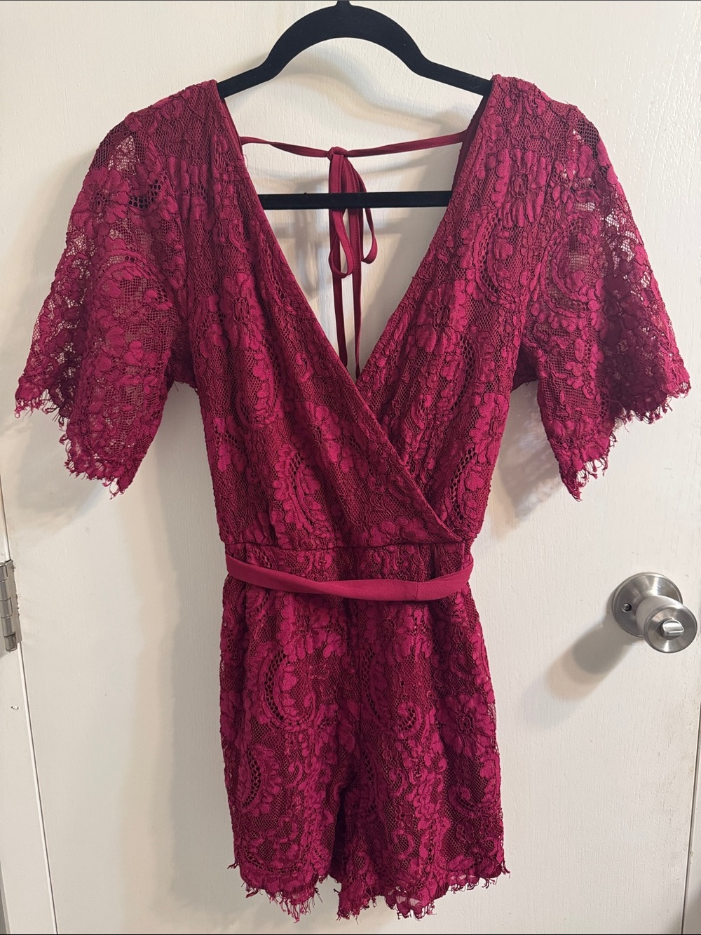 Francesca's Collections Burgundy Lace Romper